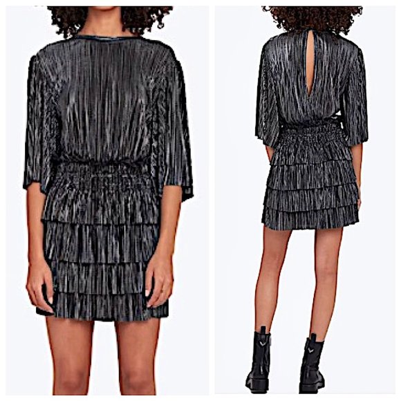 NWT IRO Paris Cuzco Tiered Metallic Plissé-Satin Mini Dress in Black/ Si… - Picture 2 of 11